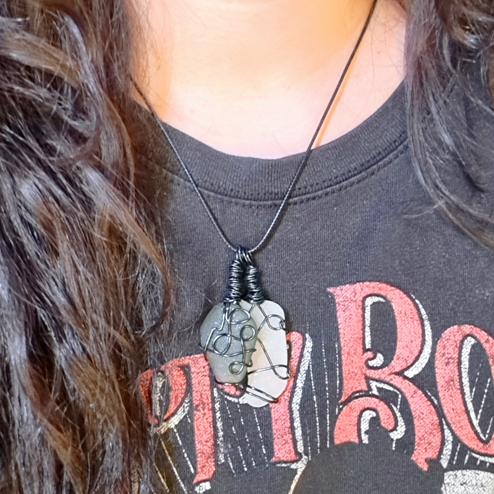 2 Pendant Sea Glass Necklace in Black Wire (Handmade Jewelry)